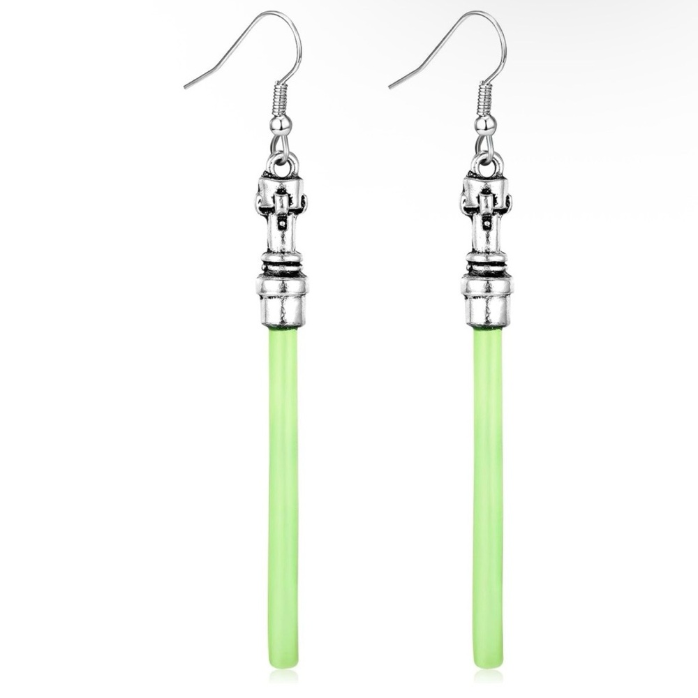 Silver and Green Light Saber Earrings
